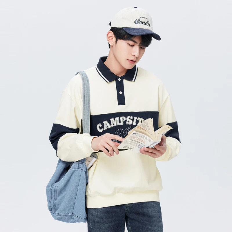 Semir Men Sweatshirt Autumn New Oversize Retro College POLO Collar Top  Contrast Color Splicing Trendy Sweater for Men