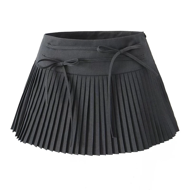 YENKYE Preppy Style Pleated Mini Skirt For Women Sexy Low Waist Bow Summer Skirts Black Gray