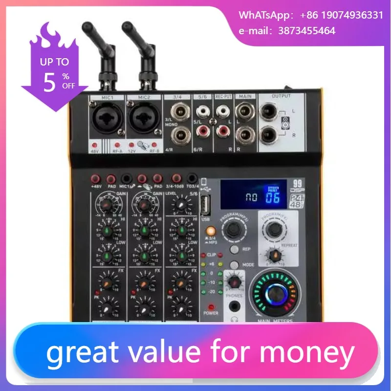 

Phantom 48V 99 DSP 80W*2 80W Power Amplifier Audio Mixer Music Console 2 Handheld Wireless Microphones MP3 Features