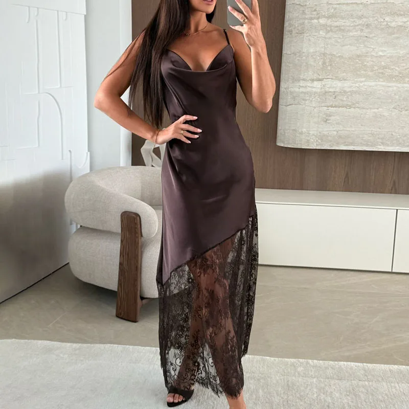 セクシーなノースリーブハイウエストイブニングドレス女性ファッションレースパッチワークソリッドロングドレスエレガントなVネックサテンサスペンダードレス