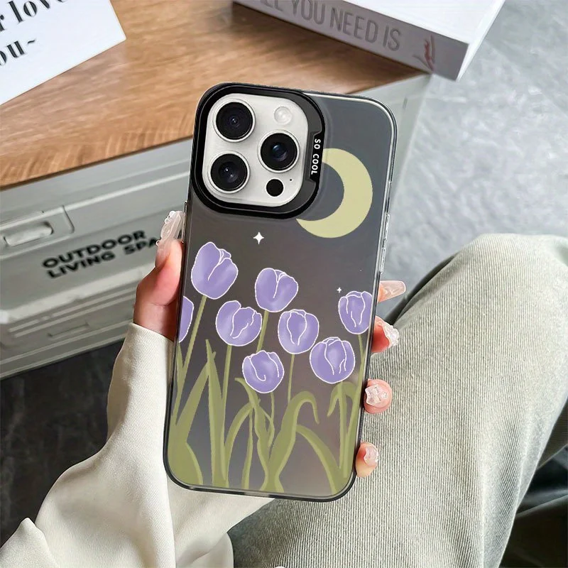 

Purple tulips and moon patterns phone case for iPhone 16 15 14 13 12 11 Pro/ Max/Plus shock-proof rear cover anti-fingerprint
