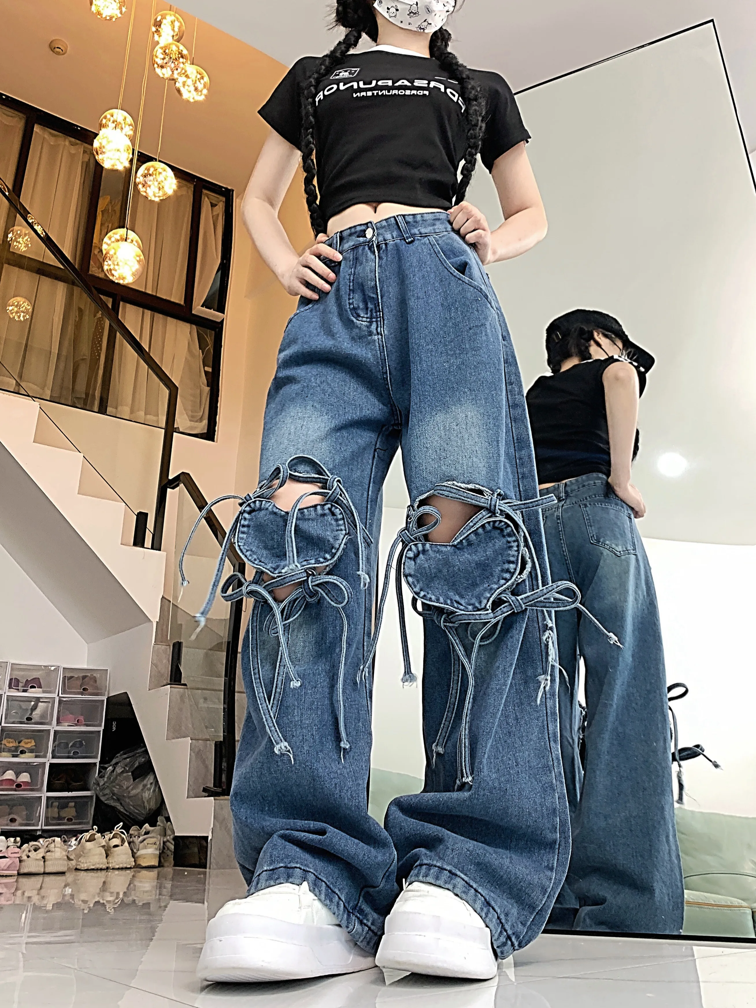 2024 Spring and Autumn New Design Jeans Women's Dopamine Wear Retro Love Strap Design Straight Leg long Pants