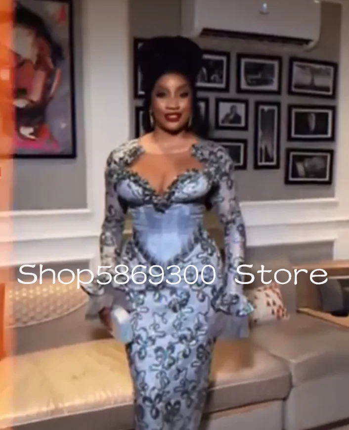 Abiti da ballo africani a sirena scintillante argento Gillter manica lunga Aso Ebi Ankara applique abito da gala da sera personalizzato