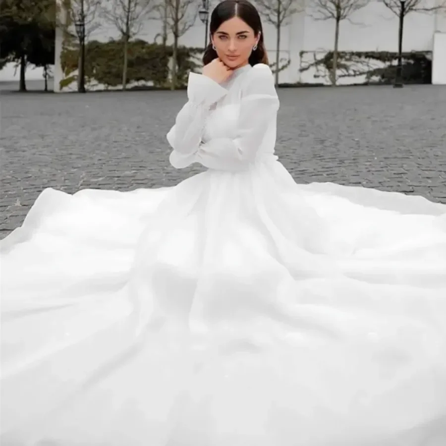 

Custom A line High Neck Long Sleeve White Civil Wedding Dress For Woman Simple Elegant Bride Robe Gown 2025