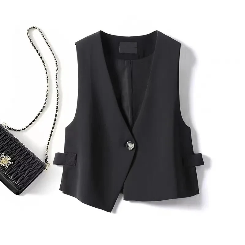 

Spring New Small Suit Vest Female Korean Fashion Design Sleeveless Jacket Simple Wild Women Short Waistcoat Black One Button