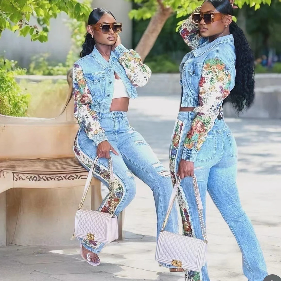 

Jeans Suit Women Denim Two Piece Set Short Coat Pants Outfits Hole Trousers Flower Print Turn Down Collar Autumn 2025 Y2k