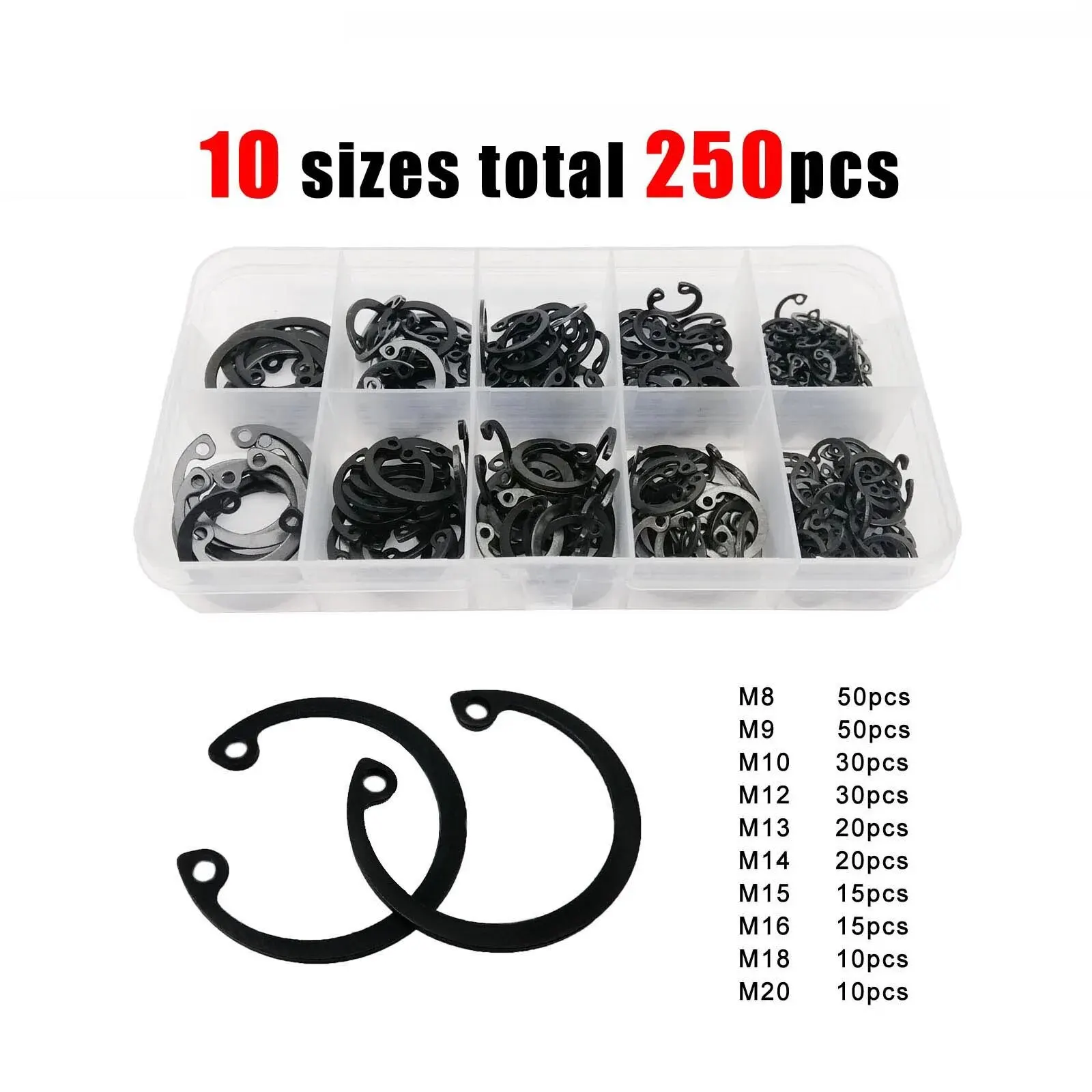 250pcs C Type Internal Circlip Hole Clip Snap Ring Mix M8 M9 M10 M12 M13M14M15M16M18M20 Kit Set Black 65mn Steel Shaft Retaining