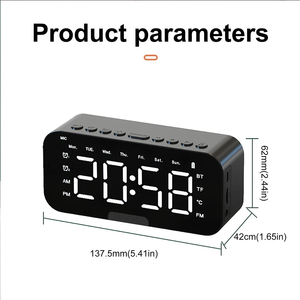 New Wireless Bluetooth Speaker Mini Portable Mirror Dual Alarm Clocks LED Music Player FM Radio Desktop Alarm Clock Speaker