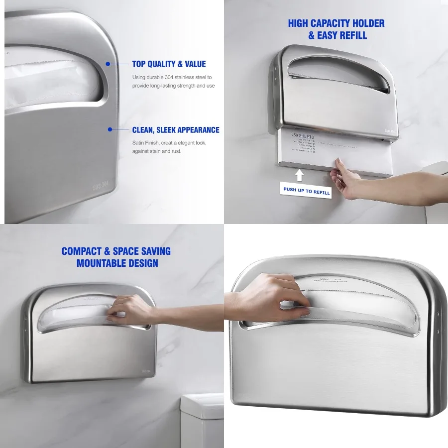 

Wall Mount Commercial Toilet Seat Cover Dispenser with Half Fold Design 304 Stainless Steel Construction 16Inch Height Ideal fo