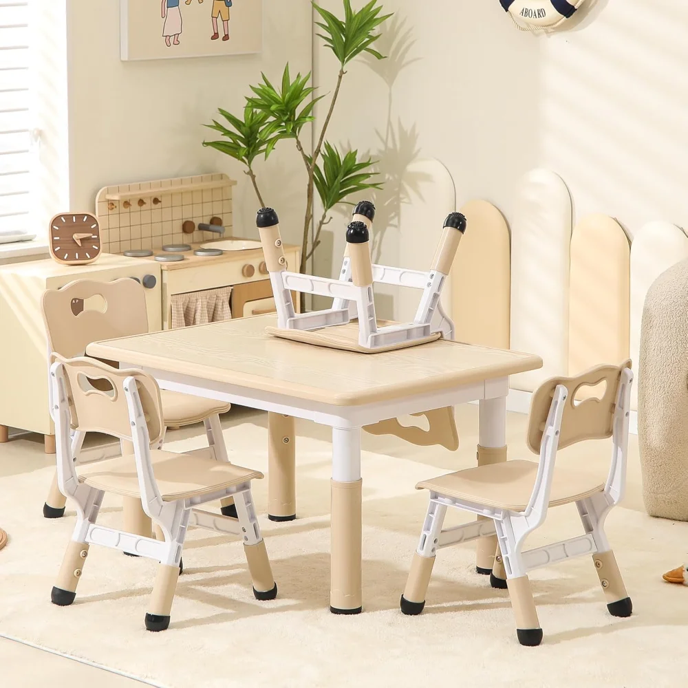 

Height-Adjustable Kids Table and Chairs, Toddler Table and 4 Chairs Set with Anti-Slip Foot Covers,Children Activity Tables