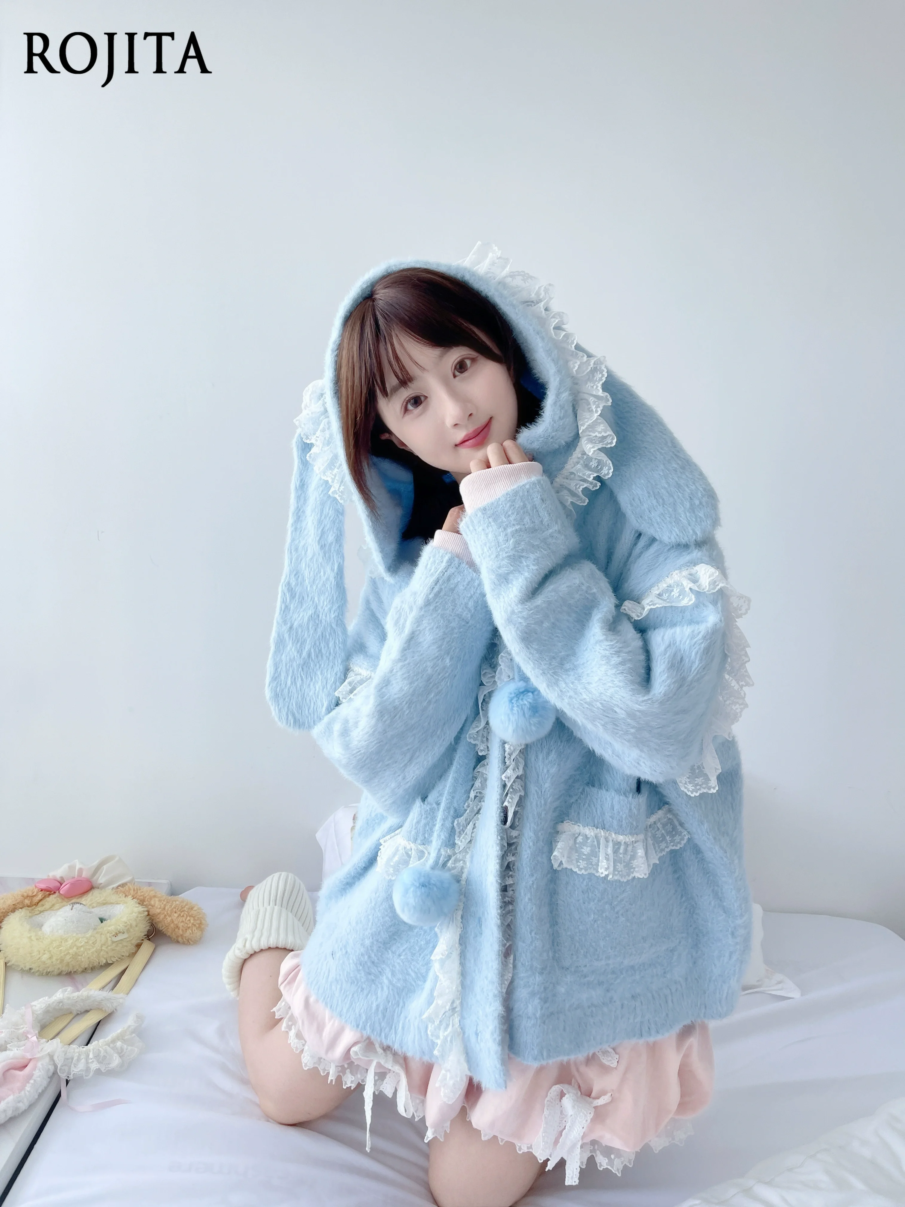 

Soft Cute Rabbit Ears Lace Hooded Sweater Jacket Female Cute Imitation Mink Knitted Cardigan Loose Women Cardigan