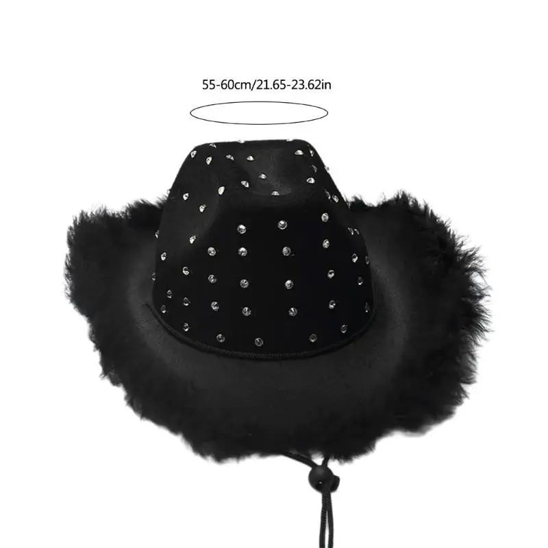 39BB Furry Trim Fedoras Hat for Cosplay Western Wide Brims Rhinestones Studded Hat Adult Women Bachelorettes Party Accessories