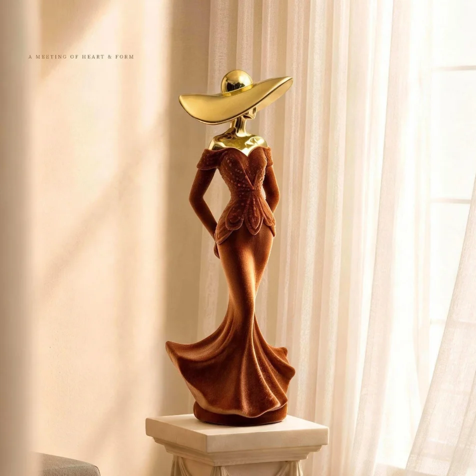 Art Decor Lady Statue Resin Flocked Dress Sculpture Golden Hat Elegant Female Figure Tabletop Home Ornament