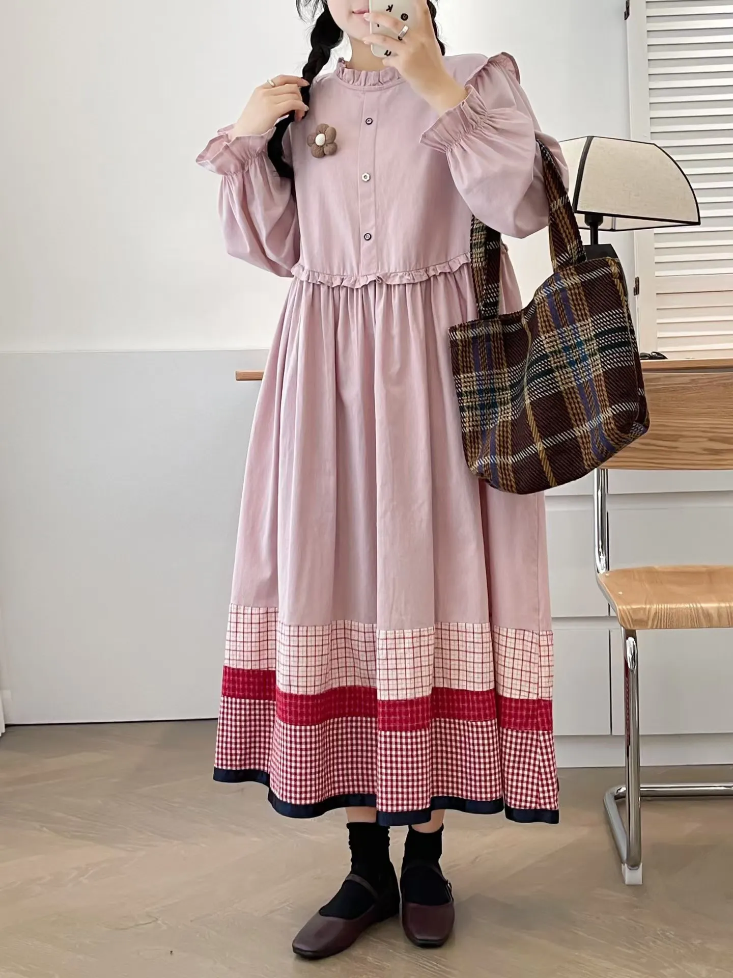 New Spring Cotton Long Sleeve Dresses, Women Stand Ruffles Plaid, Mori Girl Vintage Japan Style Sweet Loose Dress, 2025 D4D024CC