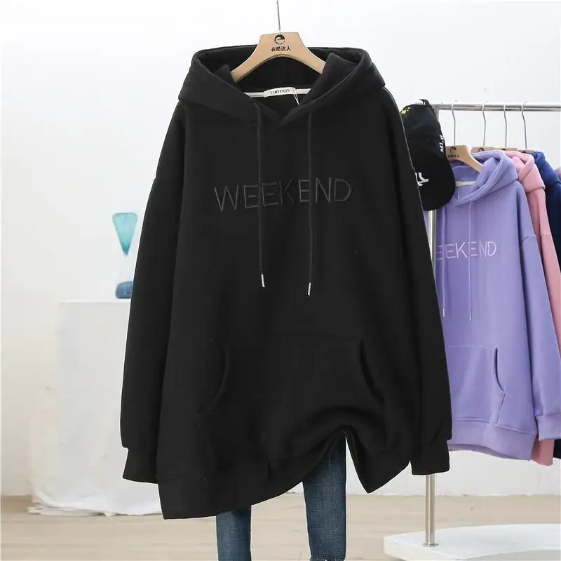 Womens Autumn and Winter New Hooded Sweatshirt Solid Color Letter Pockets Splicing Lax Large Size Appears Thin Mid-length Top