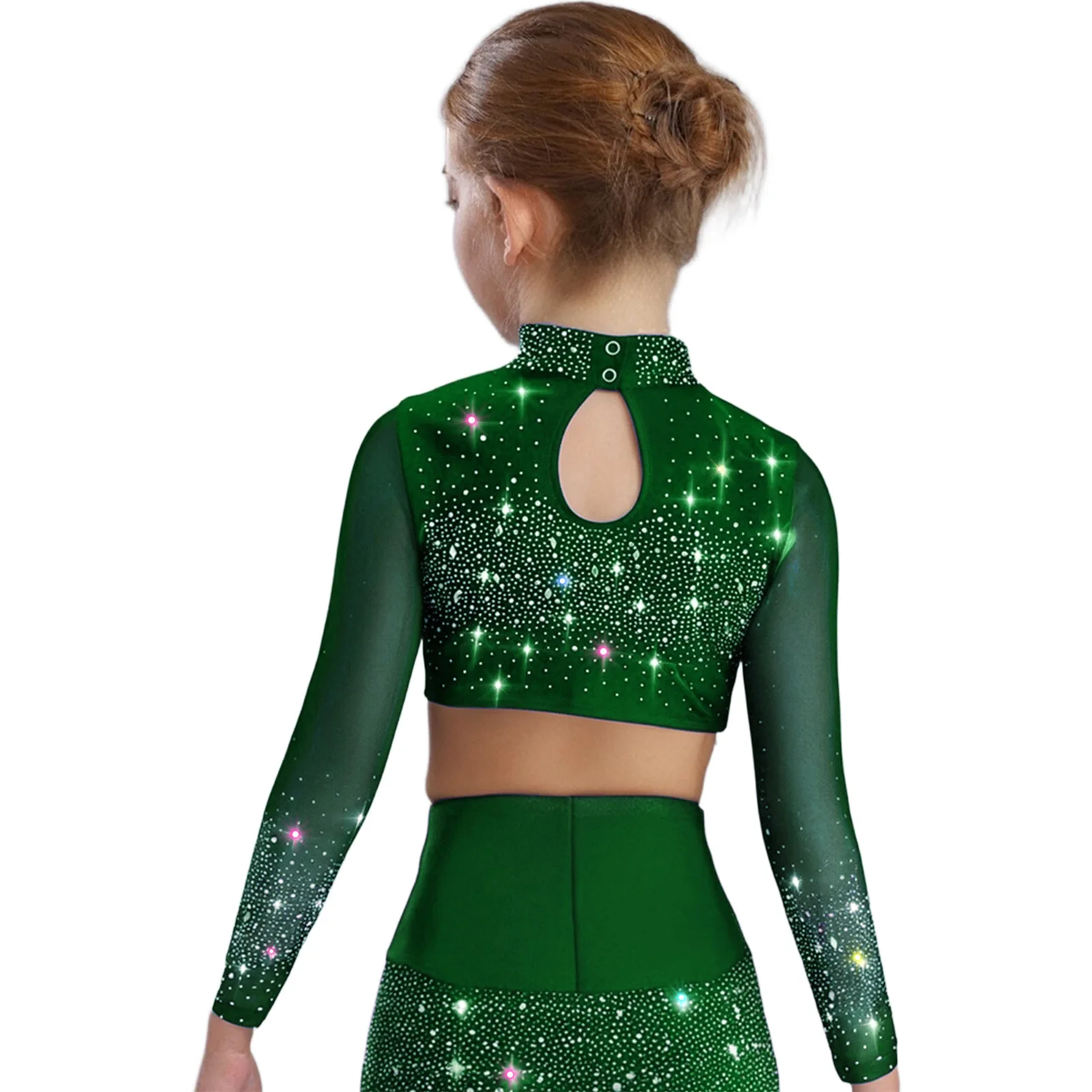 Children Girls Stylish Hip Hop Glitter Rhinestone T-shirt Bodysuit Crop Top for Artistic Ballet Jazz Cheer Gymnastics Stage Wear