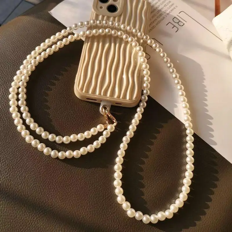 Lange Handy-Umhängetaschenkette mit Perlenbesatz, universelle Schnallenklammer – Detail 5