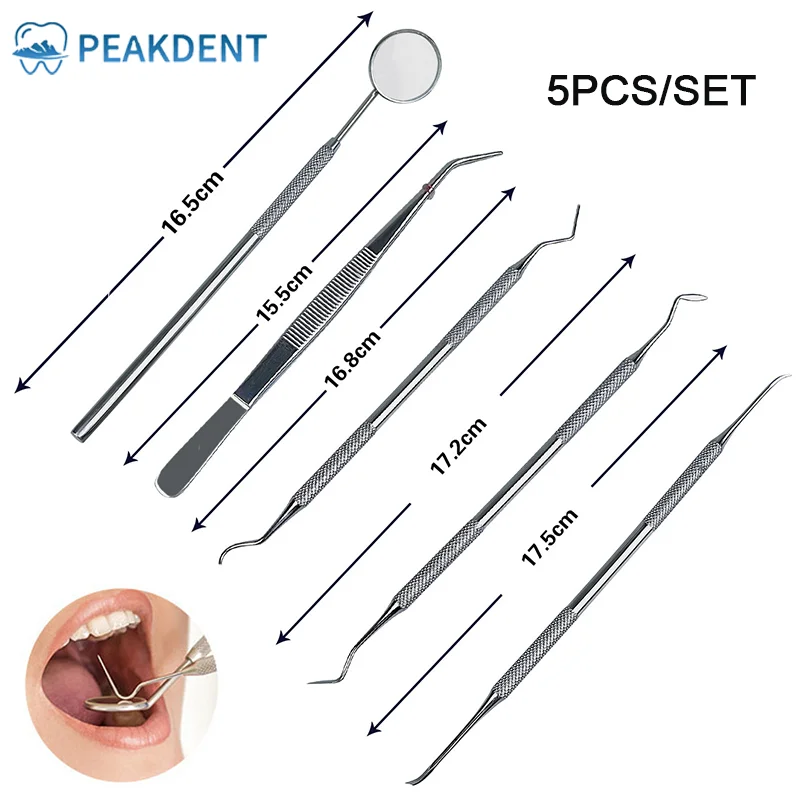 

5Pcs Stainless Steel Dental Prepared Tool Set Dentist Instruments Tweezer Hoe Sickle Scaler Mirror Tartar Tooth Cleaning