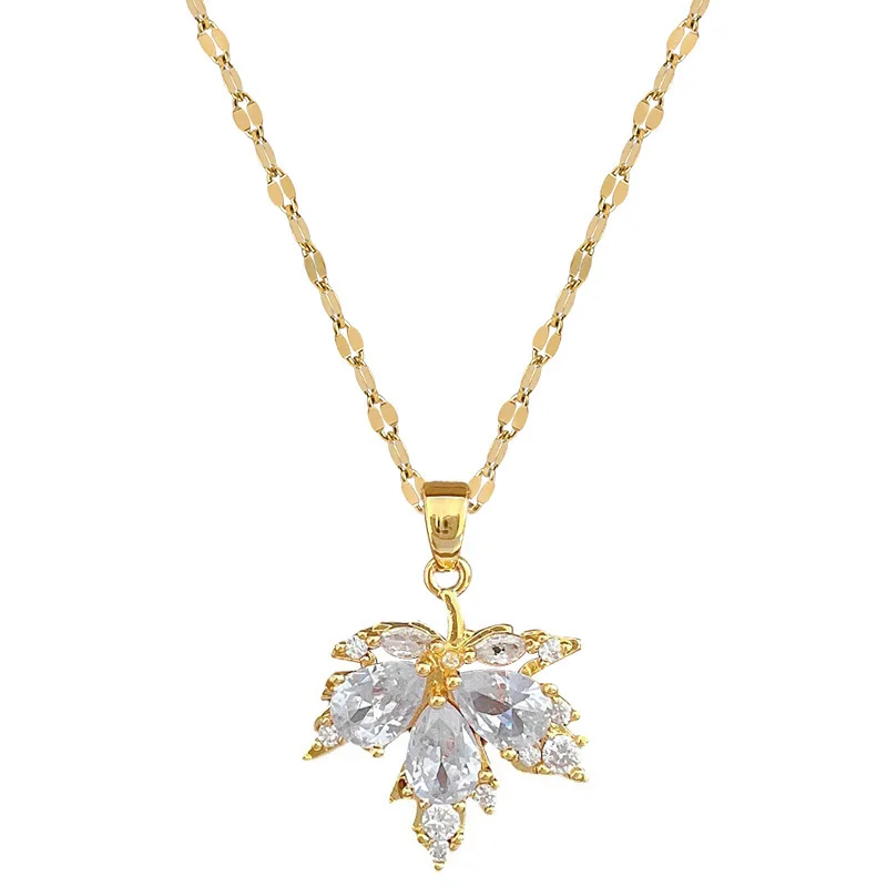 Yupsk Elegant AAA Zirconia Maple Leaf Pendant Necklace for Women Fashion Stainless Steel Chain Earring Necklace Jewelry Gift