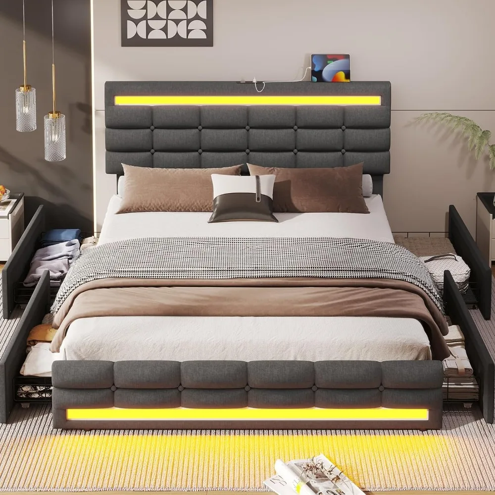 Marco de cama LED con 4 cajones y 2 estaciones de carga USB, plataforma tapizada, marco de cama tamaño Queen, luces LED, cabecero de pie