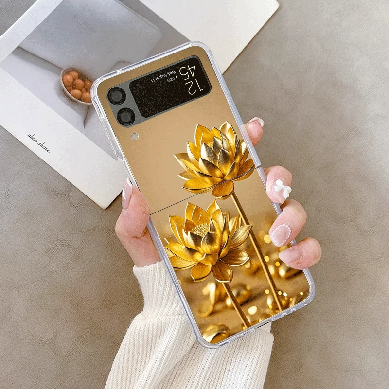 الإبداعية الذهبي لوتس زهرة نمط قضية الهاتف لسامسونج غالاكسي Z فليب 7 فليب 6 5 4 3 غطاء قابل للطي ل Z Flip7 فليب 5 قذيفة #4
