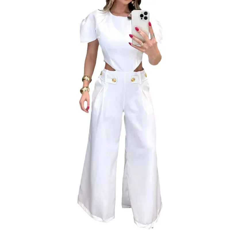 Tracksuit Pant Sets Women Two Piece Set Wide Leg Pants Pockets Hollow Tops Sexy Button Loose Solid High Street Ankle Length