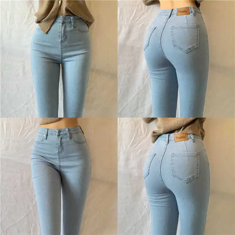 High Waist plus Size Denim Jeans Women's Slimming Fitting Pencil Pants Elastic Casual Pure Color Vintage Zipper Long Trousers