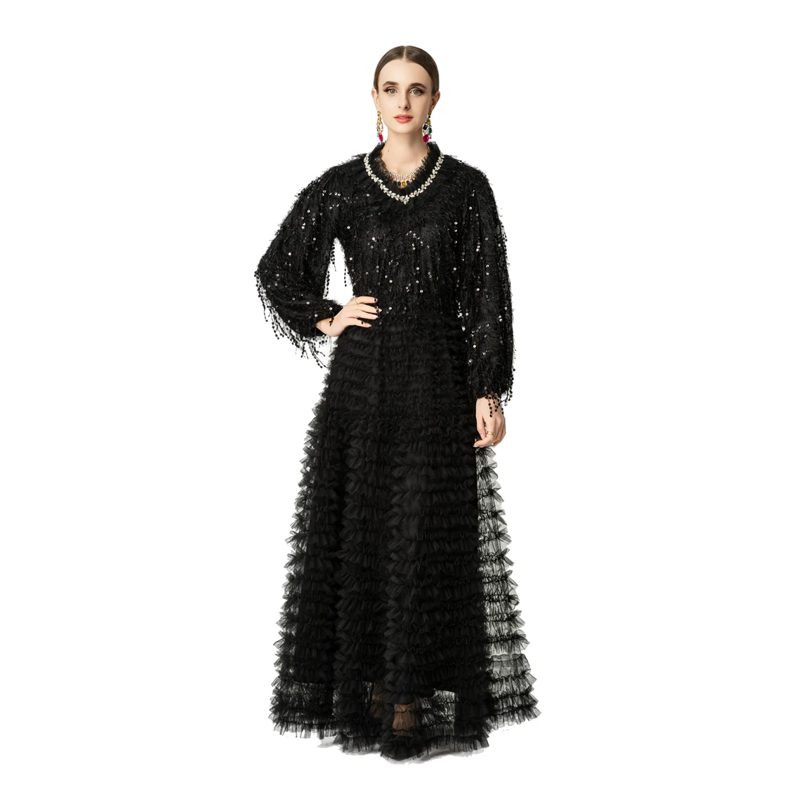 Women's Black Sequined Feathered Ruffle Two-Piece Set, Elegant Long Sleeve Top & Tiered Tulle Maxi Skirt with Crystal Embellishe