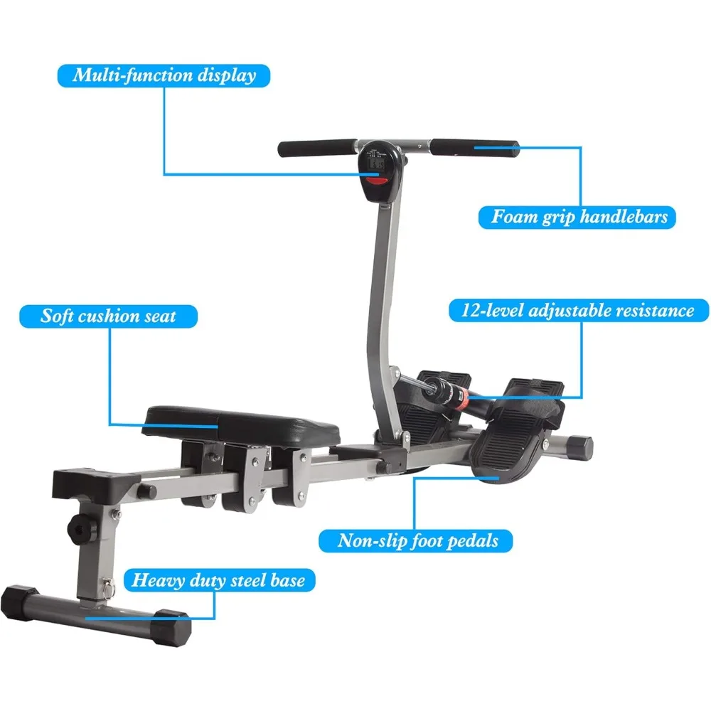 Opvouwbare hydraulische roeimachine 250 lbs gewichtscapaciteit Volledig lichaamsuithoudingsvermogen Oefenvermogen met 12 niveaus instelbare weerstand