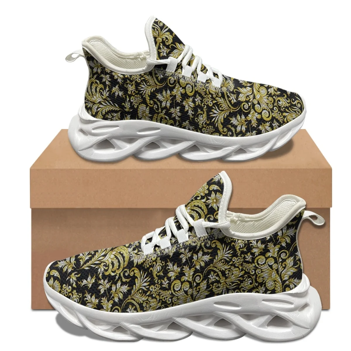 Gold Black Baroque Printed Comfortable Sneakers Shock Absorbing Anti-Slip Basketball Shoes Breathable Lace-Up Vulcanized Shoes