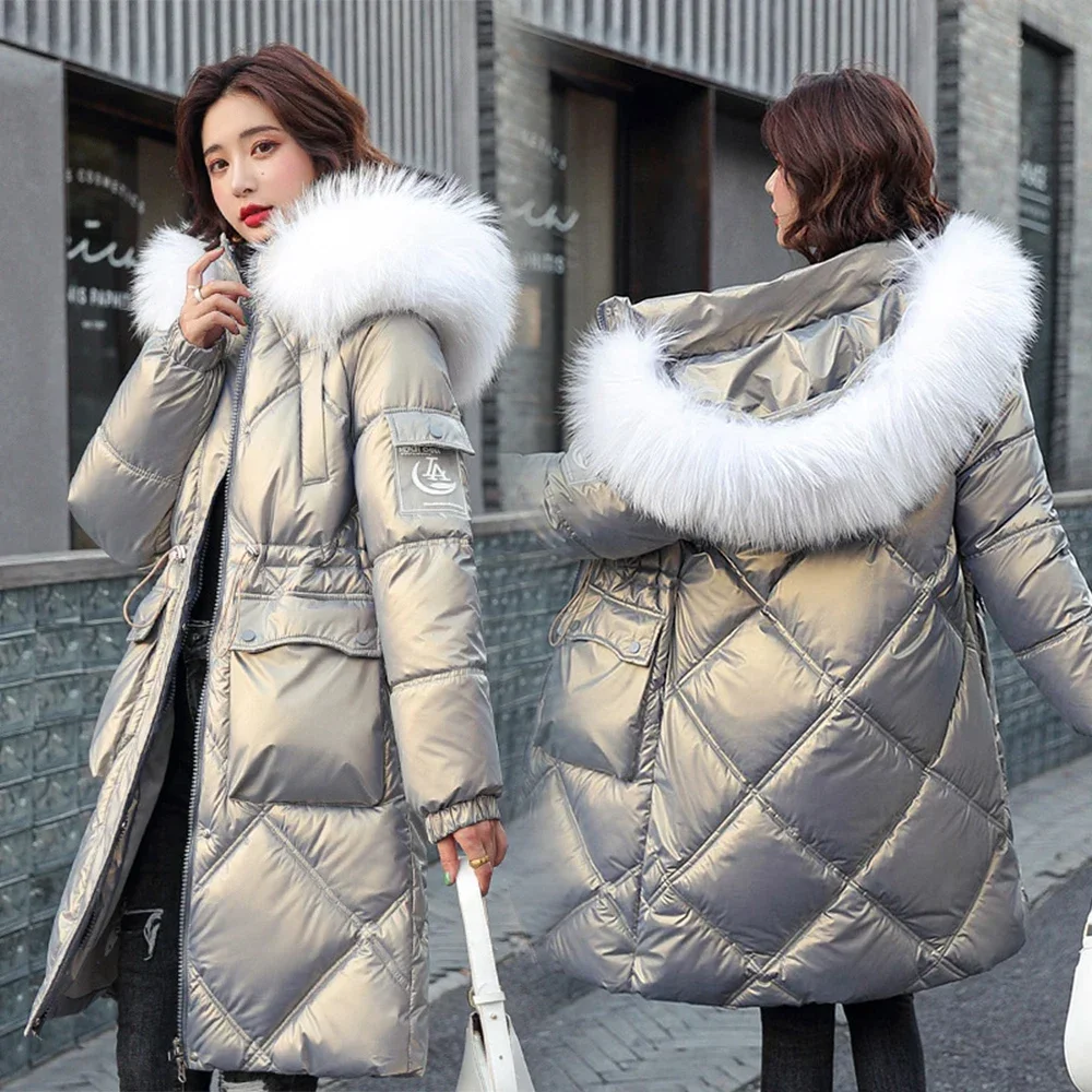 Winter Women Glossy Down Cotton-Padded JacketJoker Casual Loose Fur Collar Padded Warm  Coat Outcoat Fashion Outerwear