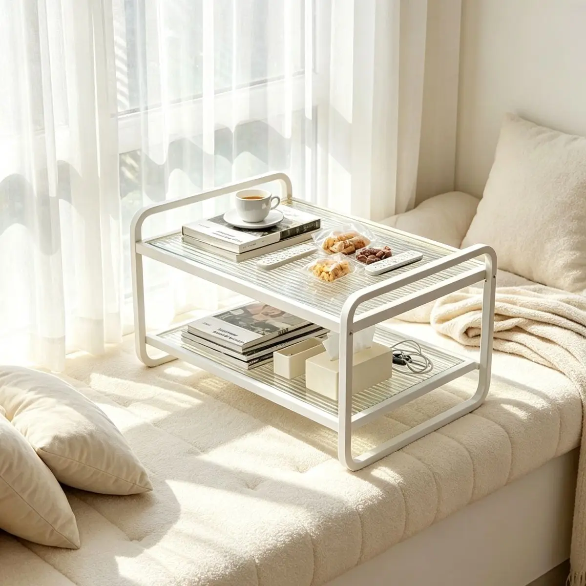 2 Tier White Metal Bedside Coffee Table with Glass Top, Modern Minimalist Side for Bedroom Living Room Small Space Sofa Snack