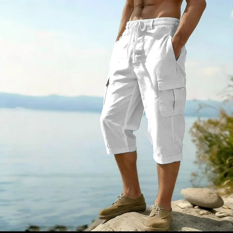 Herren Cargo-Caprihose mit mehreren Taschen, Kordelzug, elastischem Bund, locker geschnitten, lässige 3/4-Länge Hose – Detail 3