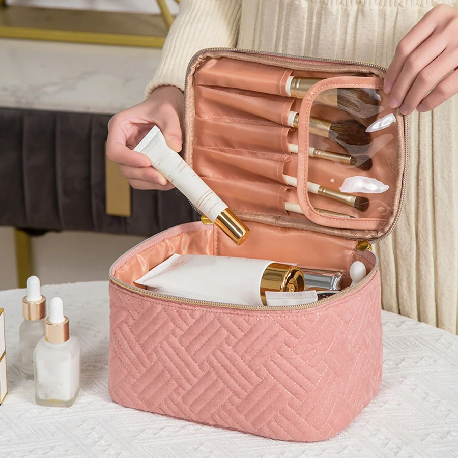 Geometric Embossed Pattern Square Cosmetic Bags Skin Care Case Toiletry Bag Packing Cube Travel Storage Essentials Dormitory Box