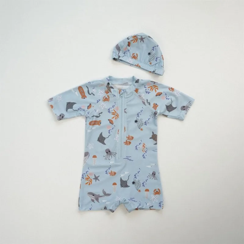 Kinder Badpakken Cartoon Print O-hals Rits Korte Mouw Badmode + Pet Jongens En Meisjes Zwemkleding A24076