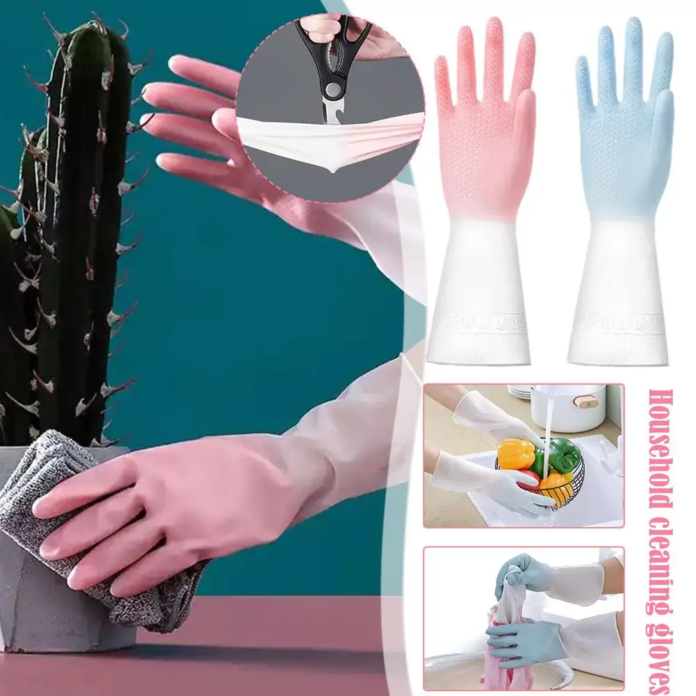 1 pair Household Cleaning Gloves Waterproof Lengthening Dishwashing Cleaning Tool Wear-Resistant Laundry Non-slip Gloves Ki E5W9