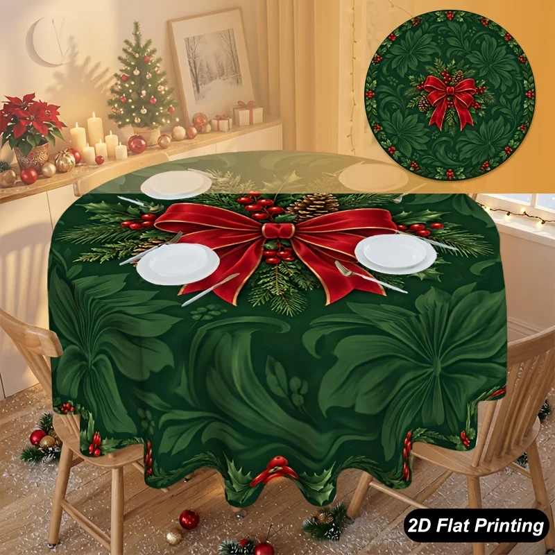A round Christmas tablecloth with daisies and bows, perfect for decorating your table and home environment.