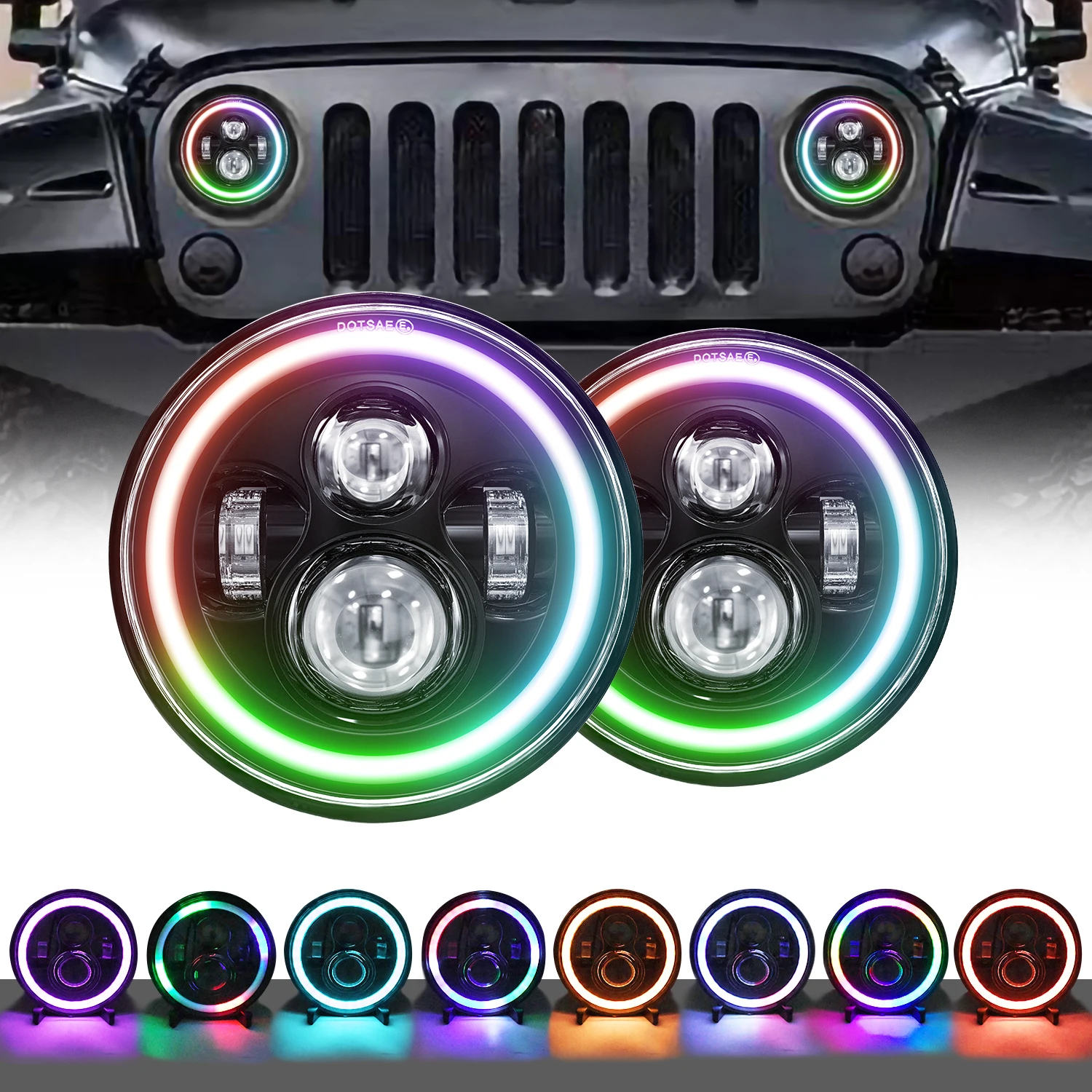 1Pair 7inch Led Headlight Hi-Lo Beam With RGB Multi-Color DRL Halo Ring Angel Eye Light for Jeep Wrangler Jk Tl Lj Unlimited