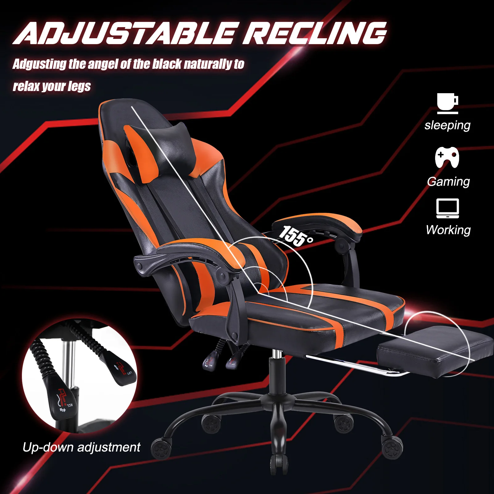 Silla de Gaming de cuero Pu con ruedas, silla de ordenador con altura ajustable, escritorio de oficina