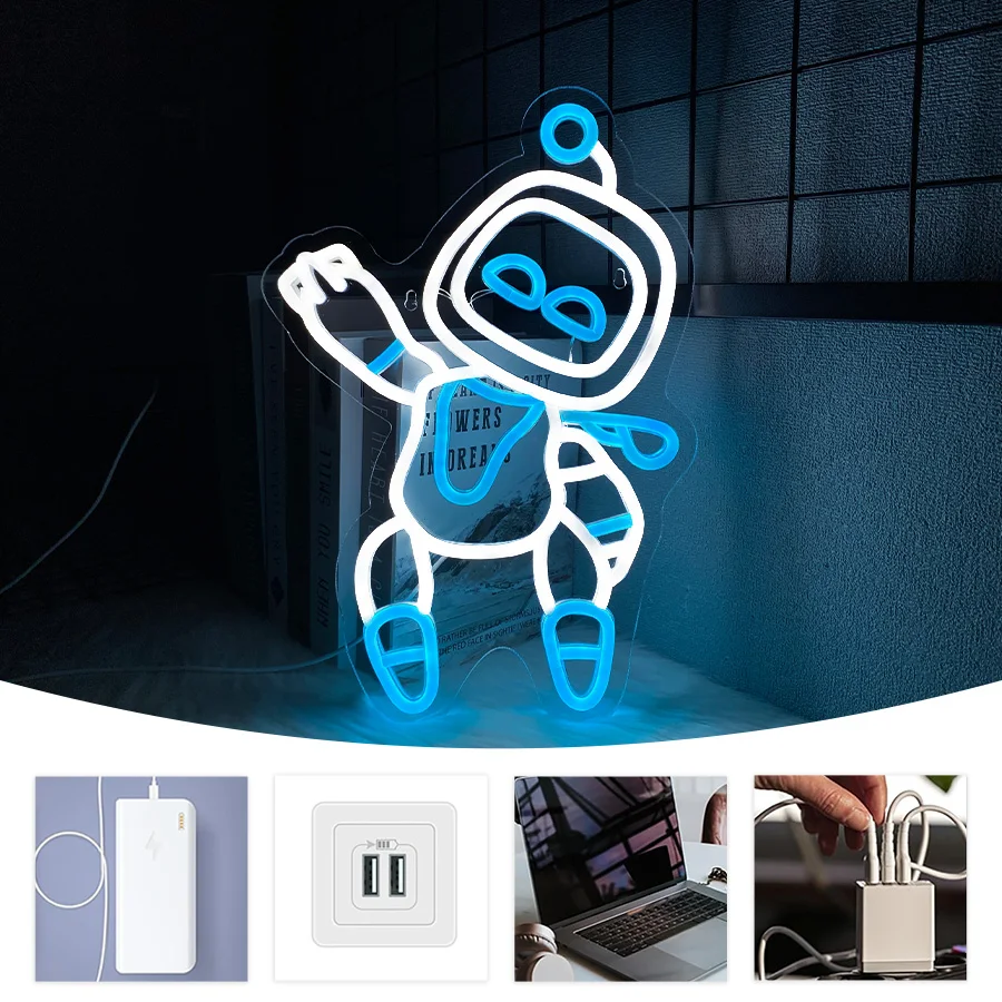 Astro Robot Neon Sign, Wall Lamp In Gamer Area, Usb Powered, Led Lights Decor In Man Caves, Bars And Bedrooms, Easy To Hang.