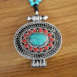 PN882 Tibetan Silver Inlaid Turquoises Coral Beads Filigree Handmade Prayer Box Gau Pendant Necklace