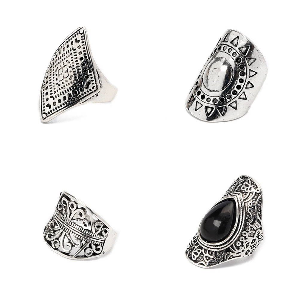 4Pcs/Set Vintage Silvery Golden Hollow Flower Sun Totem Ring Nepalese Tibetan Bohemian Ethnic Black Gem Finger Rings Jewelry