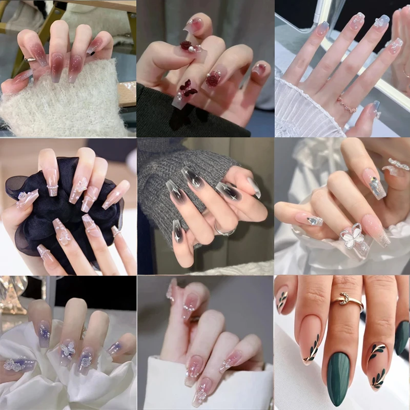 24pcs Fake nails French Nails Artificial Nail Machine Sharp Nails Halloween Style Champagne whitening nails repeatable