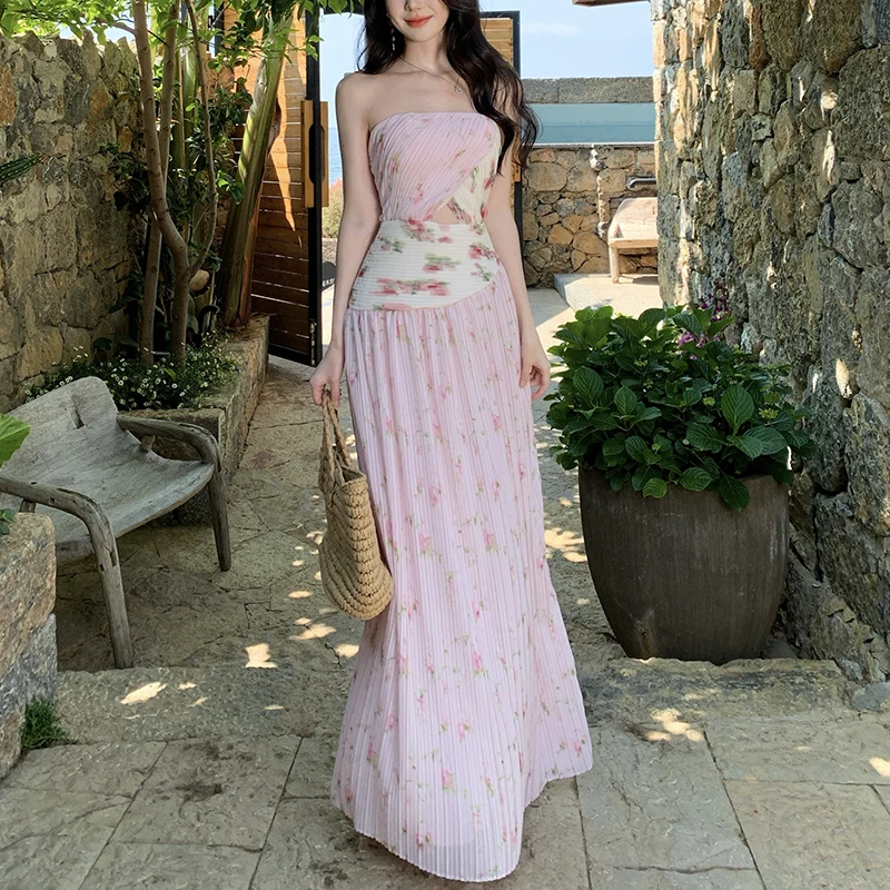 

Spaghetti Strap Long Dress Women 2025 New Summer Elegant Sleeveless Tank Sundress Female Pleated Pink Dress Korean Fashion