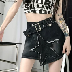 Y2k Vintage Denim Short Skirt Irregular Star Women's Skirt Sexy Punk Slim Skirt Black High Waist A-line Mini Skirt Wrap Hip Skir