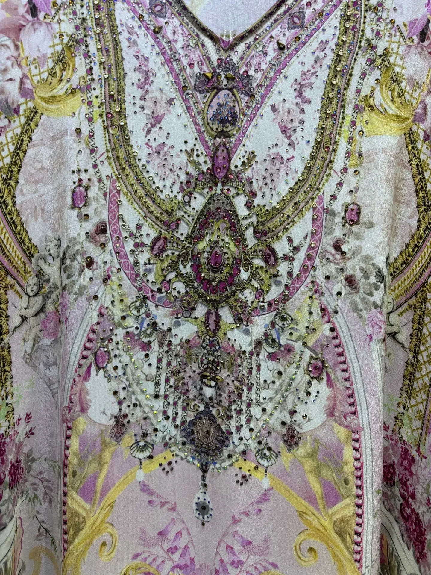 Robe longue rose en perles de cristal pour femmes, imprimé floral, col en v, manches chauve-souris, ample, 100% soie