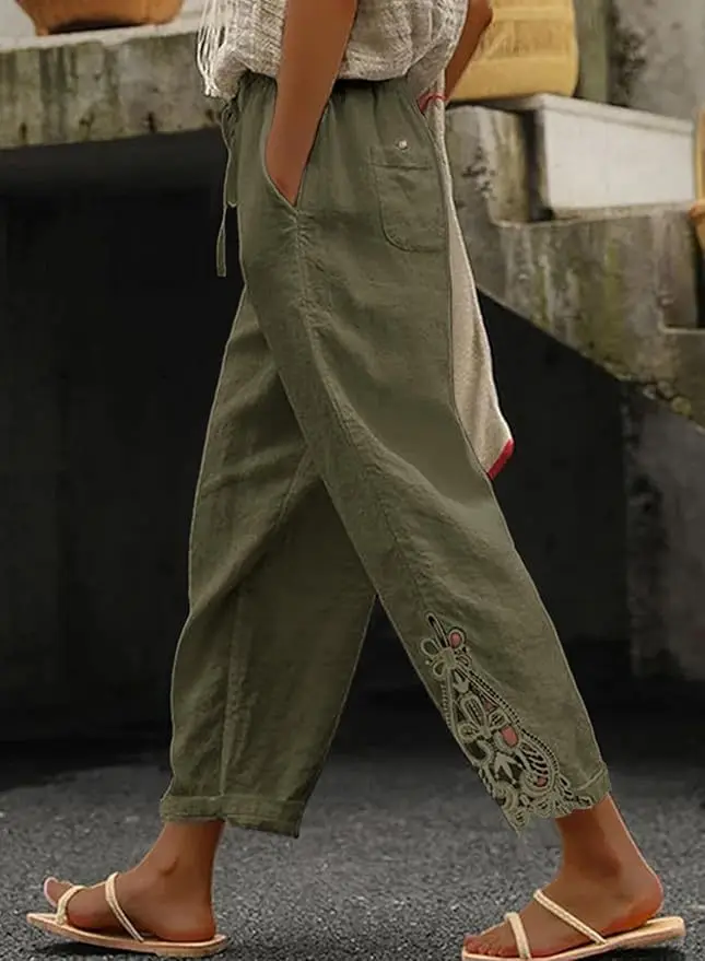 2026 Women's Pants Elastic Waist Solid Color Lace Spliced Drawstring Pocket Simple Fashion Basic Casual 9-point Pants
