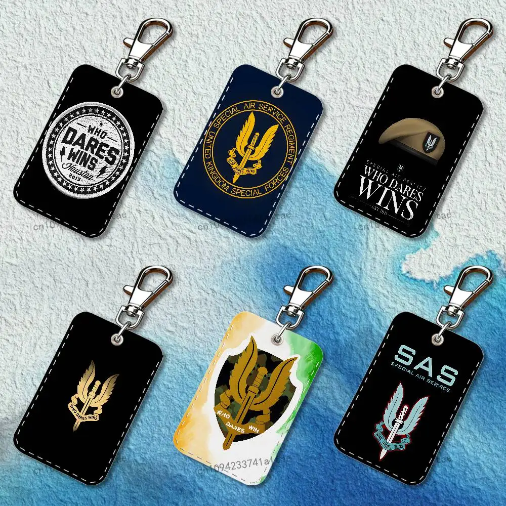 

WHO DARES WINS SAS Rectangle Card Case Leather Card Holder Keychain Key Ring Transportation Card Case