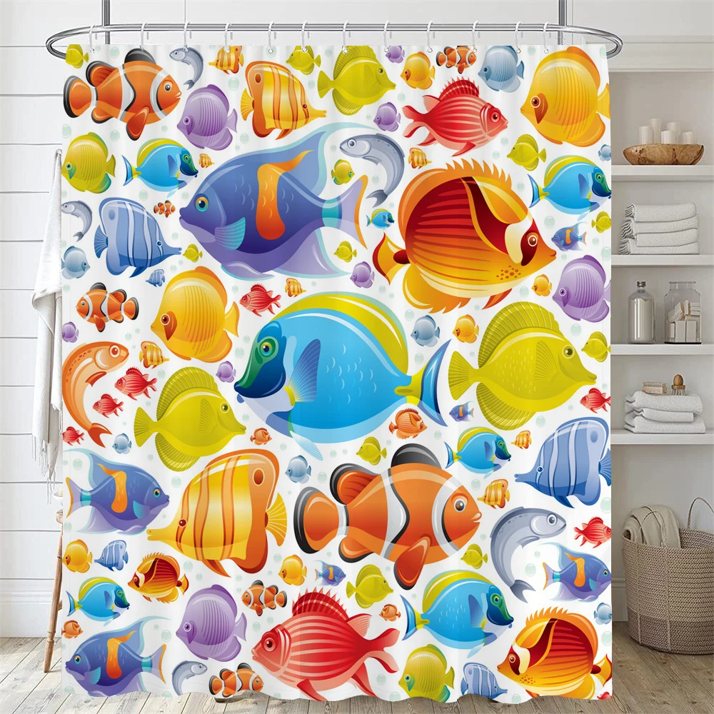 Cartoon Fish Turtle Shower Curtain Underwater World Printed Shower Curtain Waterproof Polyester for Bathroom Decor Bath Curtain