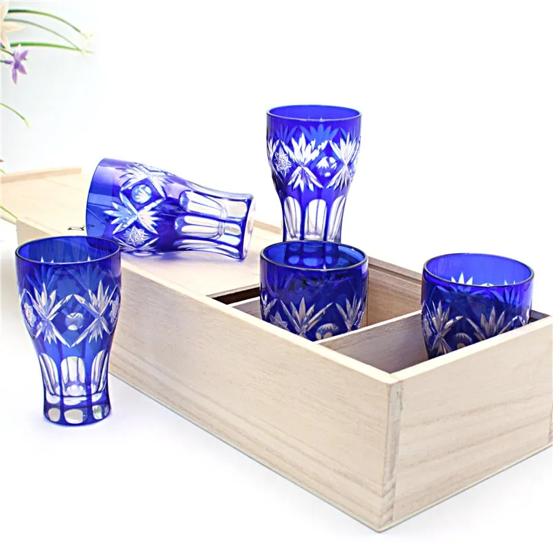 Japanese one shot sake glass, spirit cup, wooden box set, Japanese hand engraved blue glass